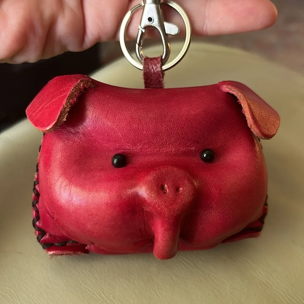 Leather Piggy Coin Key Ring Dark Pink Just Adorable-Handmade - Picture 7 of 12